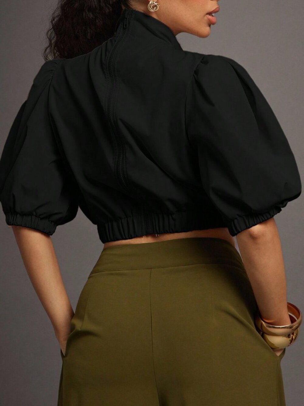 Black Elegant Women's Exaggerated Bow Puff Sleeve Zip Up Woven Top - Picture 2 of 5